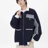 Chaqueta de Rayas con Bloques de Color Retro Americana para Hombres y Mujeres, Nuevo Abrigo con Cuello Alto Estiloso High Street de Otoño e Invierno