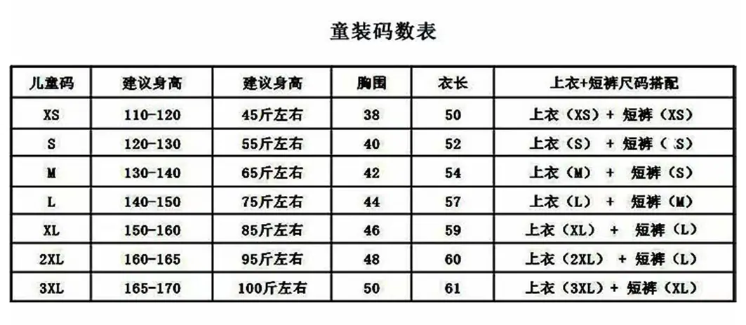 尺码表儿童