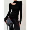 Otoño e Invierno Hombros al Descubierto Escote Halter Media Cuello Alto con Parte Inferior Roja Tejido Delgado Prendas de Punto para Mujer Top de Manga Larga