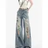 Calça Jeans Larga Azul Claro Desgastada para Mulheres, Estilo Americano de Verão Cintura Alta Solta Respirável Fluida Reta Longa