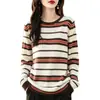 Suéter de punto de algodón puro para mujer, con cuello redondo, bloques de color, multirayas, de manga larga, corte holgado, adecuado para primavera y otoño, cómodo contra la piel, ideal para usar en capas.