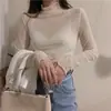 Camisa Base Apilada de Encaje de Malla Primavera y Otoño para Mujer, Delgada, de Manga Larga, Cuello Alto, Protector Solar, Interior, Color Sólido, Top Estilizado de Manga Larga
