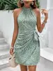 Vestido corto de moda transfronteriza para mujer, dulce y fresco, con cuello halter, estampado de lunares y flores, con cordones laterales, entallado a la cintura, sin mangas, vestido estiloso