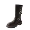 Botas de mujer de piel, botines, nuevo estilo 2026, con plataforma gruesa, tacón grueso, con detalles de hebilla, botas estilo Martin, botas de motocicleta retro de media caña