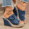 Nuevas sandalias tipo chancla de mezclilla con hebilla de cinturón de correa ancha, talla grande, estilo de comercio exterior para mujer, perfectas para el verano y salidas casuales