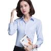 Camisa Listrada Azul com Decote em V e Manga Longa para Mulheres, Ajuste Slim, Camisa Business Casual, Roupa de Trabalho, Logotipo Bordado Pronto