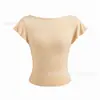 Nova Moda Vintage Outono Comércio Exterior Estiloso Slim Fit Gola Redonda Cor Sólida Irregular Manga Curta Feminino Top Camiseta Curta