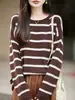 Outono/Inverno 2026 Novo Top Camada Base Malha Canelada Gola Redonda Manga Longa Listrado Color Block Algodão Lã Misturado Feminino