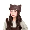 2025 Boina de Cuero con Orejas de Gato para Mujer Estilo Coreano Dulce Versátil Pico de Pato Sombrero Octagonal Moda Boina de Pintor Newsboy