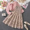 Nueva Colección Primavera/Verano 2026: Vestido Floral Dulce con Cinturón y Chaqueta de Manga Larga Conjunto de Dos Piezas para Niños Mayores