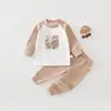 Conjunto de Roupa de Outono de Duas Peças Elefantinho Douding Urso Leitor Classe Bebê Algodão Puro Manga Longa Calça Longa Cintura Alta Roupa de Casa