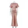 Vestido de Satén de Alta Gama Estilo Francés para Mujer, Nuevo Modelo de Comercio Exterior, Cuello Redondo, Mangas Cortas, Diseño con Pliegues, Cintura Alta, Vestido Largo Bodycon