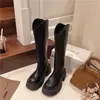 Botas Altas de Tacón Grueso de Otoño Viento Botas de Cuero de Tubo Recto Simple Botas de Motocicleta Botas de Jinete Adelgazantes Botas Largas de Moda para Mujer Estilo Coreano Tela