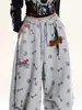 [Pantalones Casuales Amplios de Pierna Ancha Huacan de Algodón Puro con Colgante, Estilo Scimitar, Plisados Sueltos, Color Gris, Estampado de Huella de Perro para Hombres y Mujeres]