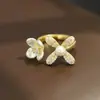 Elegante Anel Aberto Nicho Flor Branca Incrustado Diamante Pérola, Exquisito Versátil Tamanho Ajustável Anel Dedo Indicador para Mulheres