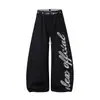 Pantalones anchos de pierna ancha con estampado de letras de doble cintura negros estilo retro americano para hombres y mujeres, holgados y con caída, pantalones largos casuales y relajados