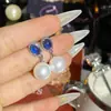 Pendientes Versa de Perla Gema Lágrimas de Sirena Antigua para Mujer con Cuentas Tahití Flor Corindón Azul Circonita