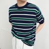 Suéter Listrado Masculino Tendência Versátil Casual Camiseta de Manga Curta Camiseta Masculina Gola Redonda Manga Meia Manga Camisa Básica 2022 Novo