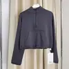 Moletom de outono com mangas compridas, à prova de vento, gola alta com cordão na barra, top atlético casual de corte solto com zíper parcial para mulheres