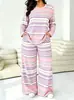 Conjunto de Calça de Perna Larga Listrada de Manga Longa Estilo Europeu e Americano Novo para Mulheres 2026, Conjunto de Duas Peças Moda Casual Primavera e Outono, Estilo Tendência Transfronteiriço