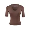 Camiseta de manga media con cuello en V, estilo chica hot puramente deseable para mujer, versátil para el verano, elástica, ajustada a la cintura, top ajustado