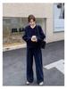 Traje de pana azul marino estilo fragante para mujer 2025 Primavera Nuevo Elegante Chaqueta Corta Pantalones de Pierna Ancha Conjunto de Dos Piezas