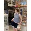 190g, 70% Algodón, 30% PoliésterChaleco sin mangas de cuello redondo a rayas de bloques de color, Ropa exterior casual de verano para mujer, Estilo coreano