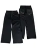 Calça jeans preta estilo americano, com retalhos e rebites, unissex, coleção de outono, calça larga e solta da moda com design estilo rua