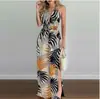 Roupas femininas mais vendidas no exterior: Loja independente do AliExpress, macacão de tricô com estampa digital, perna larga, gola halter, detalhe de amarração e fenda
