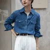 Foto real camisa jeans estilosa feminina outono novo design senso nicho sobreposição camisa azul top de manga comprida
