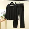 Conjunto de casa cálido, nuevo estilo otoño e invierno, conjunto de dos piezas para mujer con top grueso holgado de manga larga y cuello redondo, y pantalones de pierna ancha