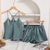 Pijama de Imitación Seda Transfronterizo Europeo y Americano para Mujer Verano Casual Ropa de Casa Pijama Sencillo Sexy Espalda Descubierta Conjunto de Shorts con Tirantes