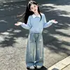Conjunto Duas Peças Doce e Fofo para Meninas Primavera e Outono: Blusa de Manga Longa com Gola Polo e Laço + Calça Jeans com Estrelas