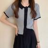 Top Chic Estilo Hong Kong de Manga Corta de Verano Estilo Coreano Ajustado Cuello Polo Cárdigan de Punto Delgado Camiseta Corta para Mujer