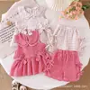 Baoxin 26 Venta al por mayor de comercio exterior Estilo coreano Verano Dulce Niña Bebé Conjunto Nuevo Cuello de muñeca Moño 3D Cuadros