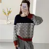 Suéter Pulôver Retro Gola Redonda Estilo Francês, Versátil para Outono e Inverno, com Design Único, Color-Blocking, Caimento Solto, Tricô Macio e Aconchegante, Estilo Preguiçoso