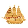 Ornamento de Barco Dragão Duplo com Três Velas Navegando Suavemente, Artesanato em Ouro de Areia, Ornato de Veleiro, Decoração de Casa de Sala de Estar de Alta Qualidade