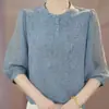 Dropshipping Verano 2026 Nueva Moda Camisa Top Versátil con Cuello Redondo Estampado y Mangas Tres Cuartos Elegante