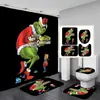 Juego de cortina de ducha impermeable con temática de Grinch, incluye cuatro piezas: cortina de ducha de poliéster, juego de baño impermeable y resistente al moho, y alfombrilla de baño
