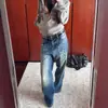 Jeans Lavados Personalizados Estilo Urbano Retro Americano de Tiro Alto con Diseño de Remaches, Pantalones de Pierna Ancha de Moda para Otoño