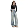 Jeans de Calle Estilo Americano para Mujer Primavera 2025 Nuevos de Cintura Alta Lavados con Roturas Pantalones de Pelo Sueltos de Pierna Recta