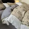 Juego de Ropa de Cama Retro de Gasa Arrugada con Encaje de Cuatro Piezas, Funda de Edredón Amigable con la Piel, Juego de Sábanas de Tres Piezas para Dormitorio, Ropa de Cama Estilo Sábana Ajustada