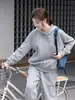 Sudadera con capucha de punto grueso de algodón puro gris, estilo deportivo casual retro literario, nueva para Otoño e Invierno 2022, para mujer