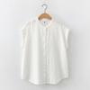 Camisa Blanca de Algodón Fresco de Doble Capa de Gasa Estilo Japonés con Cuello de Muñeca, Blusa Artística de Algodón a Rayas Suelta de Manga Corta para Mujer