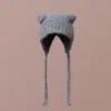 Novo Outono e Inverno Fio de Laço Tricotado Orelhas de Desenho Animado Cor Pura Moda Feminina Pelúcia Exterior Quente Chapéu Pulôver Tendência