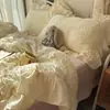 Primavera y Verano Clase A Suave y Amigable con la Piel Fresco Color Sólido Encaje Estilo Coreano Algodón Lavado Juego de Ropa de Cama de Cuatro Piezas para Dormitorio Juego de Tres Piezas