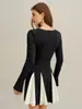 Vestido Corto de Diseño de Nicho para Mujer, Exportación Europea y Americana, Bloques de Color Blanco y Negro, Cuello Cuadrado, Mangas Largas, Cintura Alta, Dobladillo en A con Abertura