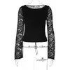 Ropa de Invierno Nueva Transfronteriza Europea y Americana para Mujer Color Sólido Manga Larga Encaje Patchwork Sexy con Cordones Espalda Abierta Ajustado Camiseta Top
