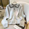 Suéter de Punto Gris Chic Holgado Casual con Cuello Clásico Patrón de Diamantes Estilo Universitario Retro para Mujer