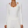 Top de yoga acanalado de manga larga ajustado estilo europeo y americano para otoño/invierno, top de fitness de alta intensidad, top de Pilates, top de running, top atlético de manga larga
